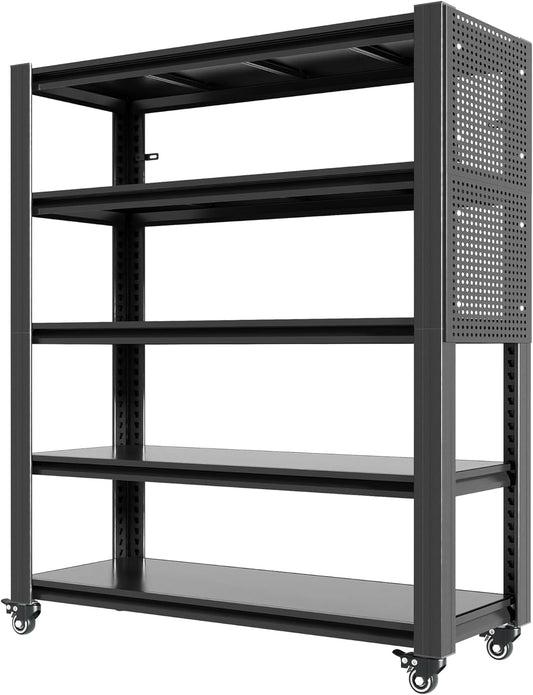 72" H 5-Shelf Metal Storage Shelves, 2000 lbs Garage Shelving Unit with Pegboard, Adjustable Industrial Heavy Duty Storage Rack with Wheels, 47.2" W x 23.6" D for Pantry Basement, Black