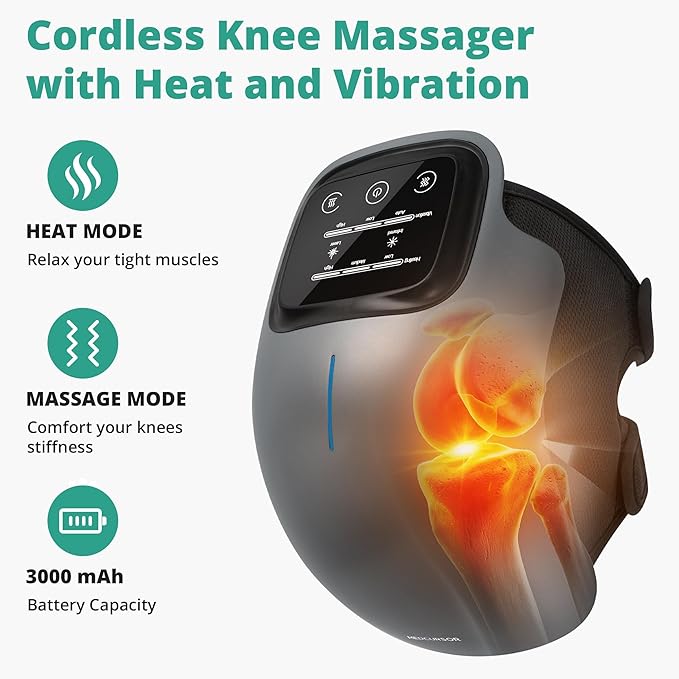 Medcursor Knee Massager with Heat, Cordless Heated Knee Massage for Pain Relief with 3 Heating Levels, 3 Vibration Modes, LED Screen, Adjustable Straps, Gift for Men and Women