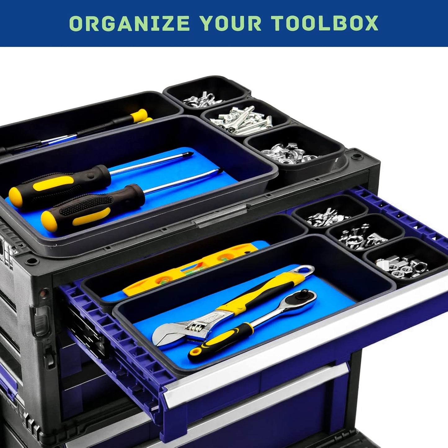 Tool Box Organizer, Tool Drawer Organizer Tray Divider, Toolbox Organization, Garage Tool Organizers and Storage, Tool Box Accessories for Rolling Tool Chest Cabinet (Blue (47PCS))