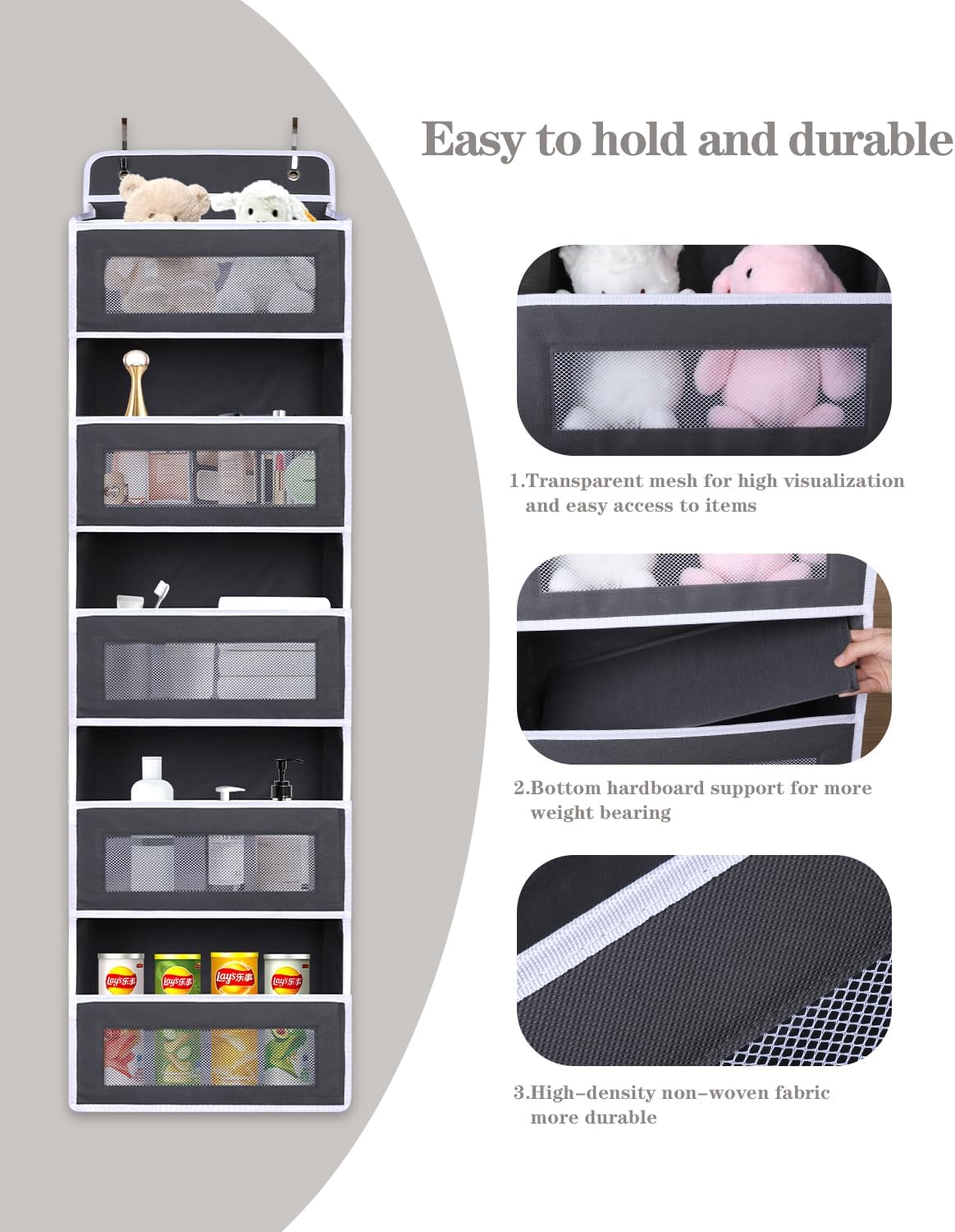 Over The Door Organizer 44LB Capacity with 5 Large Pockets & 10 Mesh Side Pockets, Clear Window Anti-Tilt Hanging Storage for Nursery, Bathroom, Pantry - Dark Grey, 1 Pack