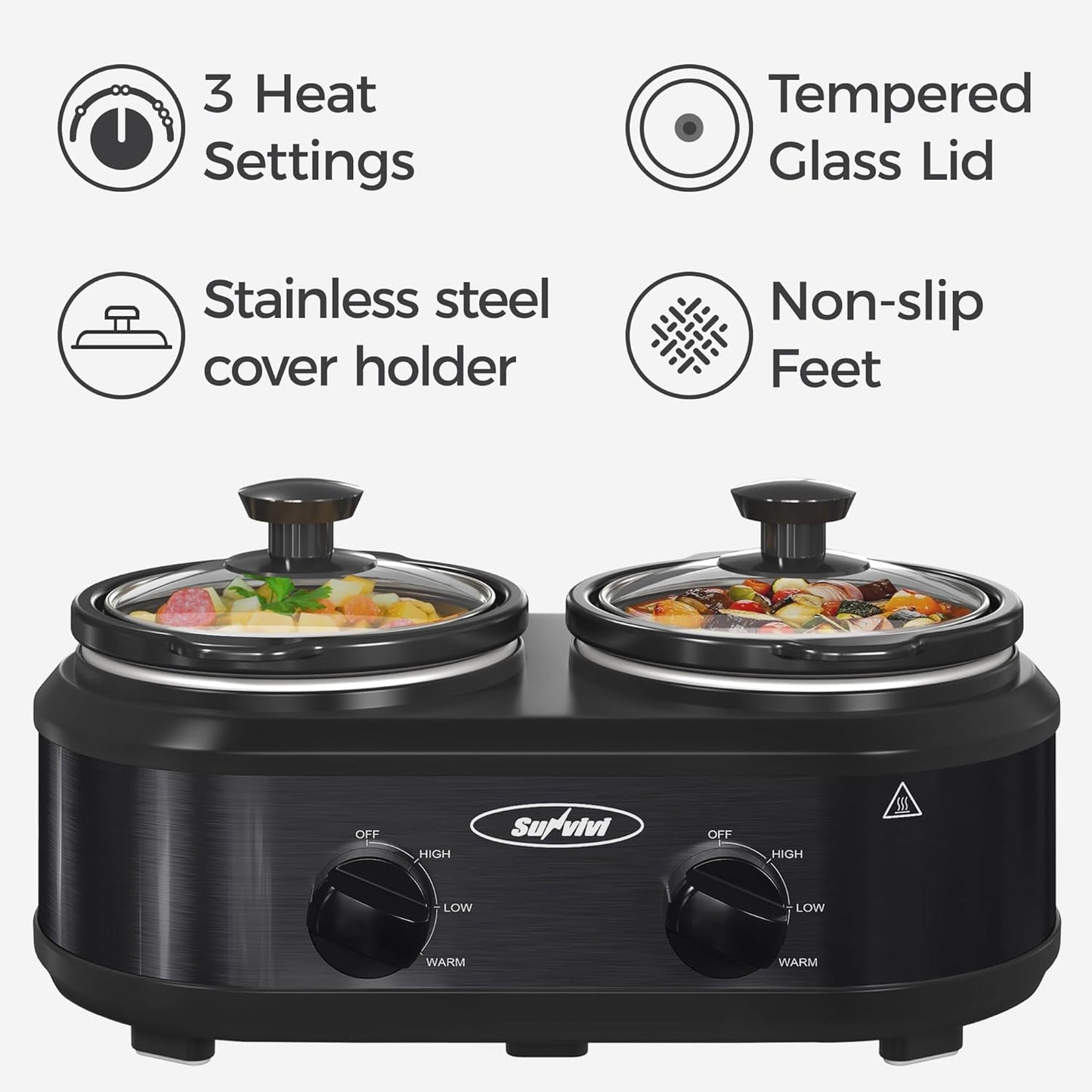 Sunvivi Double Slow Cooker,2 Pot Small Mini Crock Buffet Servers and Warmer,Dual Pot Oval Manual Slow Cooker with Adjustable Temp Removable Ceramic Pot,Stainless Steel, Total 2 * 1.25 Quarts Black