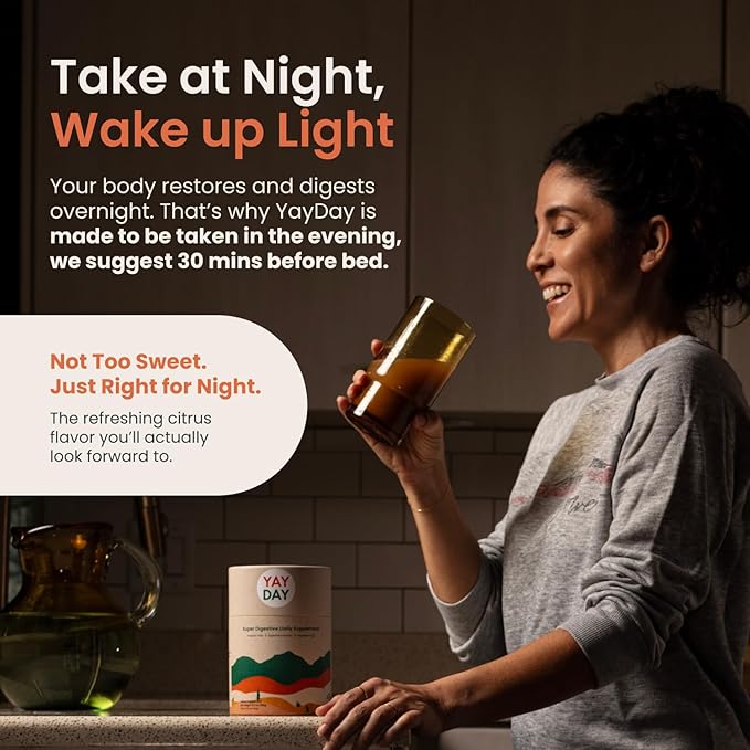 Nighttime Prebiotic Fiber Powder with Digestive Enzymes & Magnesium Glycinate for Sleep | Gut Health Supplement for Women & Men - Digestion Support, Bloating Relief - Citrus, 7 Servings