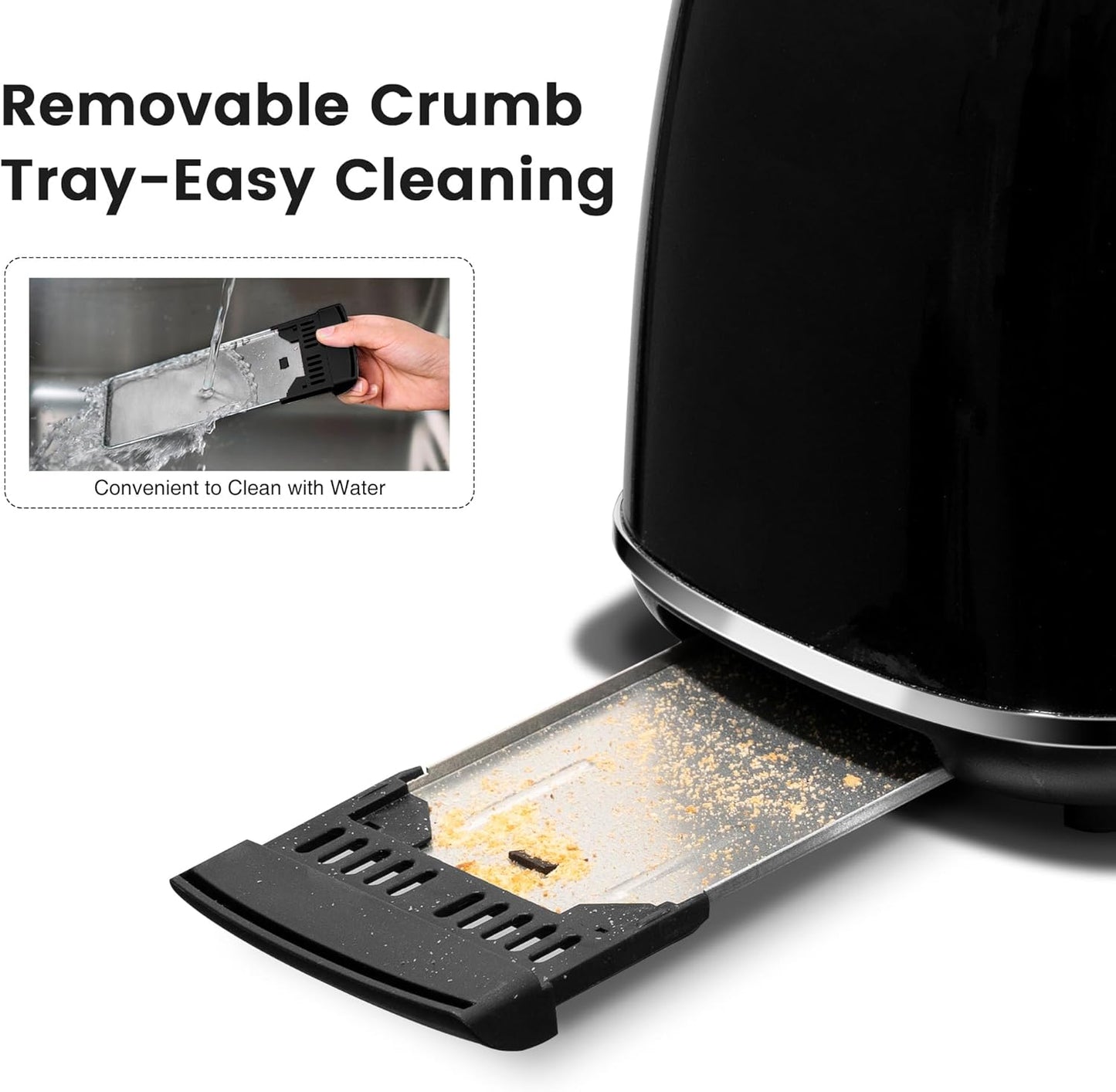 2 Slice Toaster Retro Stainless Steel with Bagel, Cancel, and Defrost Functions, 6 Bread Shade Settings, Extra Wide Slots and Removable Crumb Tray, Black