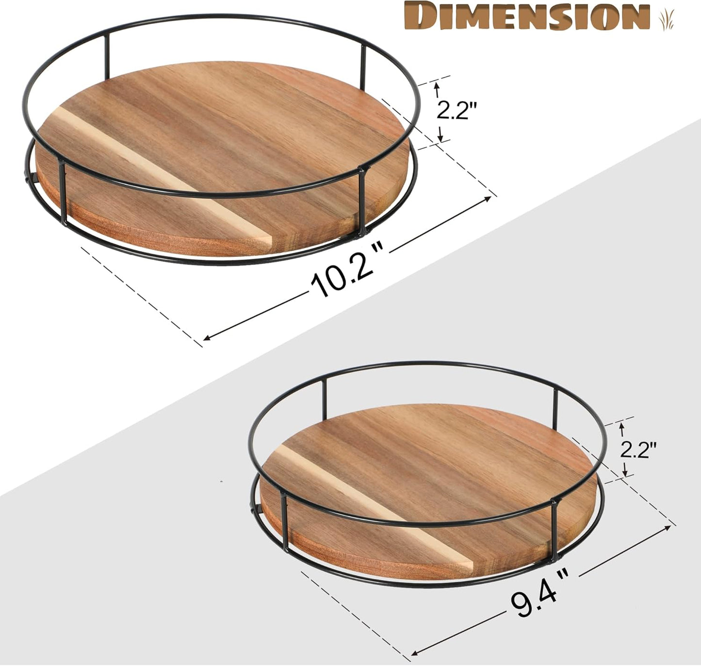 [ 2 Pack ] 9" & 10" Acacia Wood Lazy Susan Organizers with Steel Sides, Lazy Susan Turntable for Cabinet, Kitchen Turntable Storage for Table, Countertop, Pantry