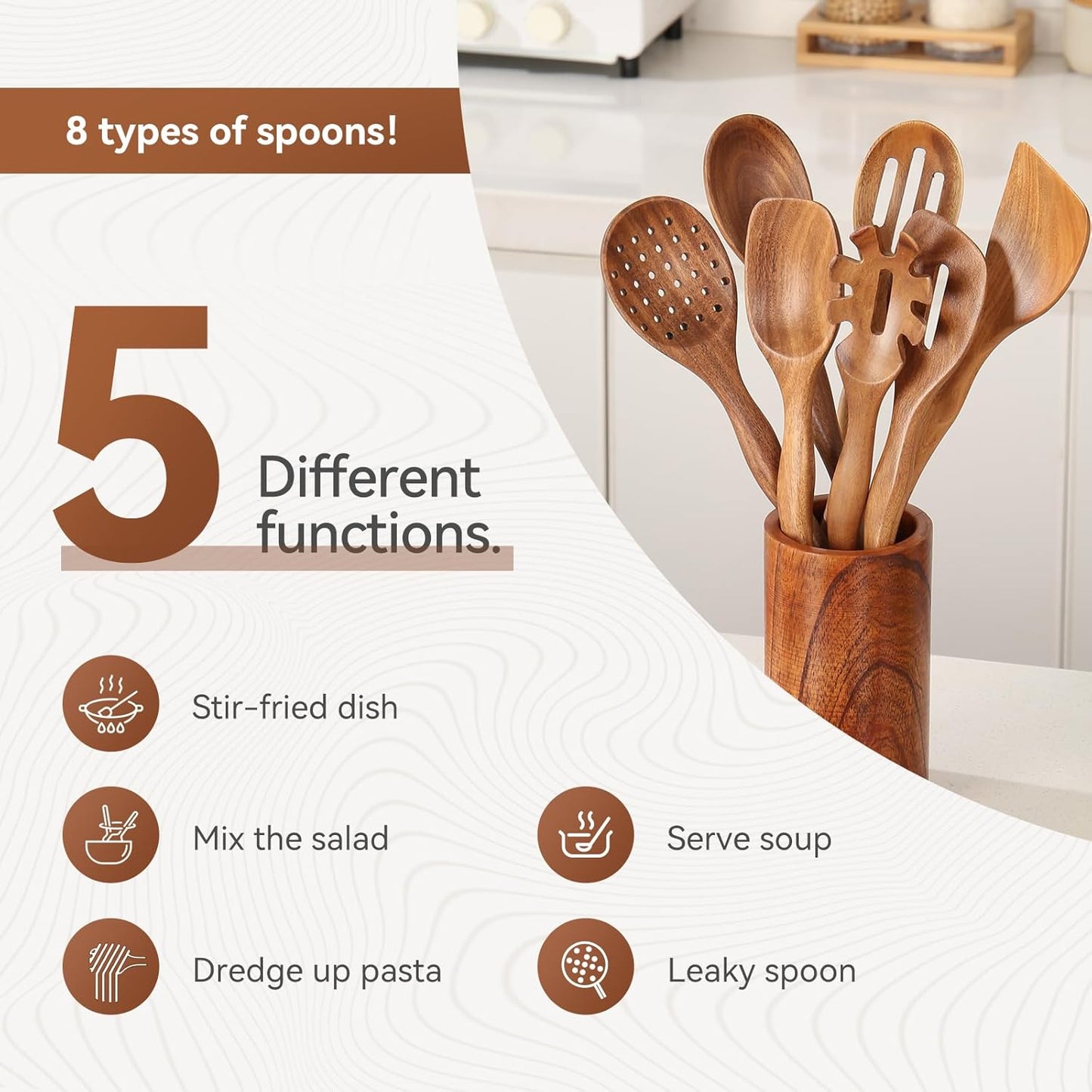 Wooden Spoons for Cooking with Holder,10Pcs Wooden Kitchen Utensil Set Non stick, Non Scratch Natural Teak Wooden Utensils for Cooking