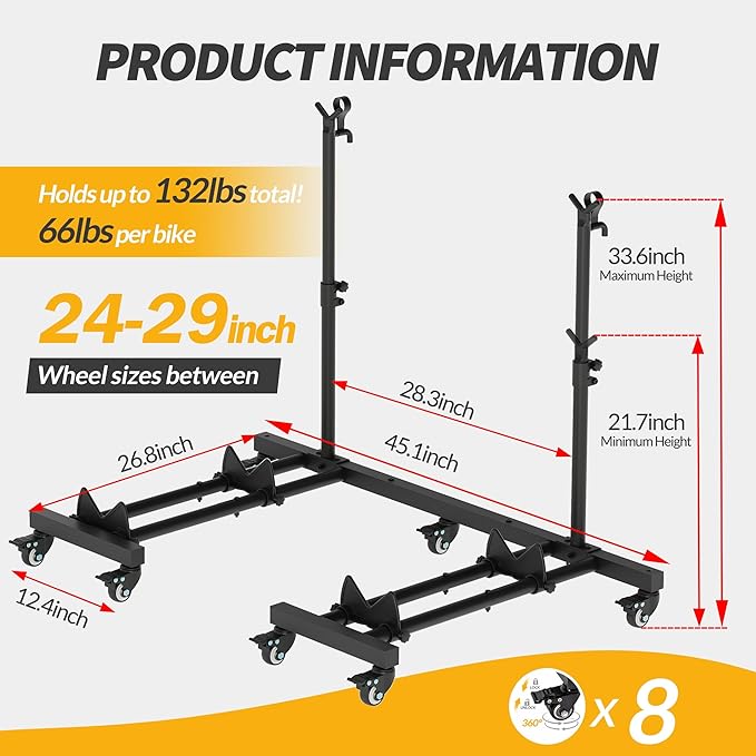 Vertical Bike Stands (2 Pack)，Standing Bike Rack for Garage Floor，Upright Bicycle Floor Stand Indoor Bike Holder with Adjustable Height for Garage & Apartment - for Wheels Sizes up to 29”