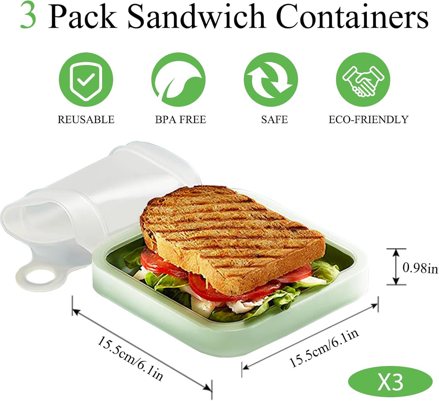 3 Pcs Sandwich Containers, Silicone Sandwich Storage for Lunch Boxes, BPA Free, Leakproof, Reusable Sandwich Holder for Fruit,Salad,Snacks and Food Storage, Microwave Freezer & Dishwasher Safe (Green)