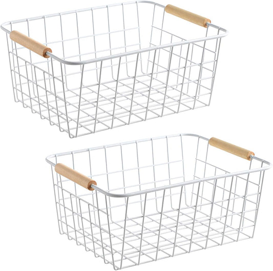 Kitchen Wire Baskets Farmhouse Decor Metal Food Storage Organizer,Household Refrigerator Bin with Built-in Handles for Cabinets, Pantry, Bathroom,2 Packs(white)