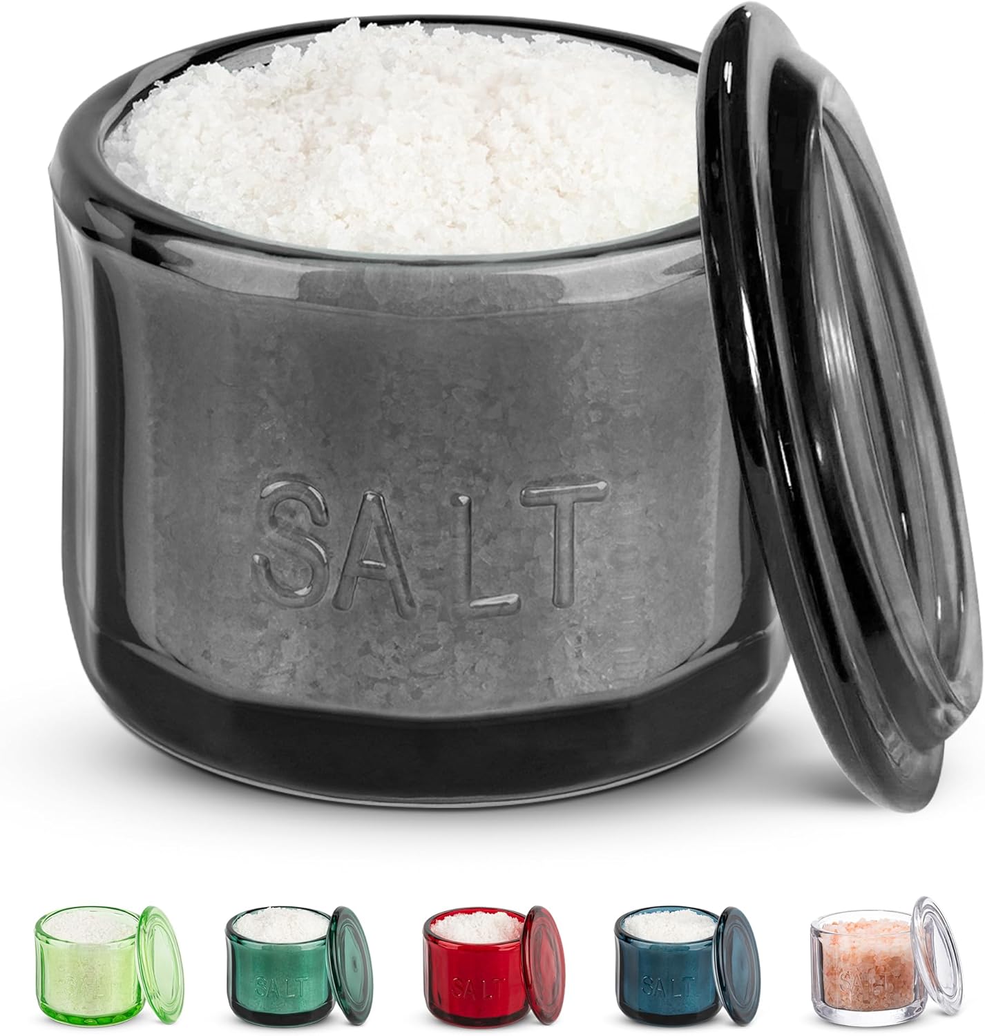 KooK Glass Salt Cellar, with Lid, Embossed Pressed Glass, Clear Storage Container, for Coffee, Sugar, Spices and Candies, 10 oz (Black)