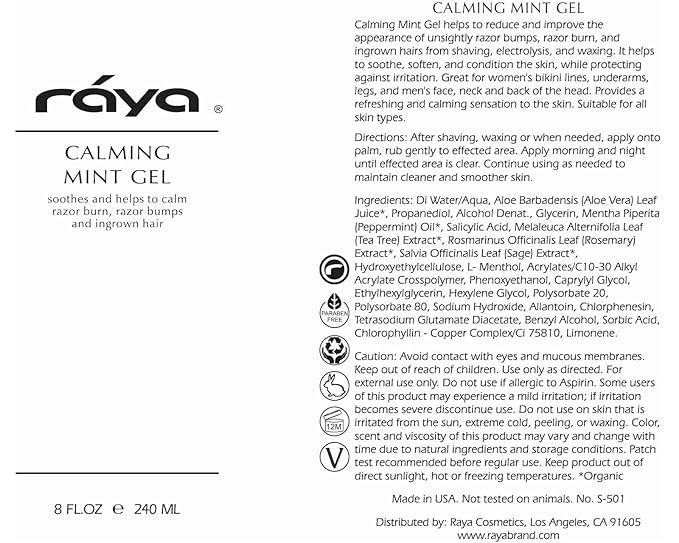 RAYA Calming Mint Gel 8 oz (S-501) | Softening and Soothing Gel | Great for After Shaving and Waxing | Helps Heal Razor Bumps, Razor Burns, and Ingrown Hairs