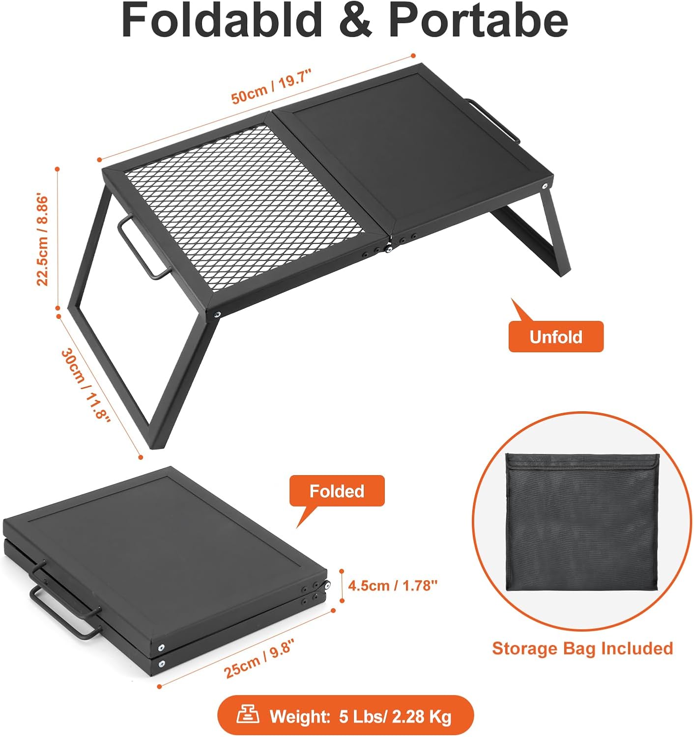 Odoland Folding Campfire Grill, Heavy Duty Steel Mesh Grate with Folding Legs and Storage Bag, Portable Camping Grates, Over Fire Pit Grill Rack for Outdoor Cooking and Bonfire