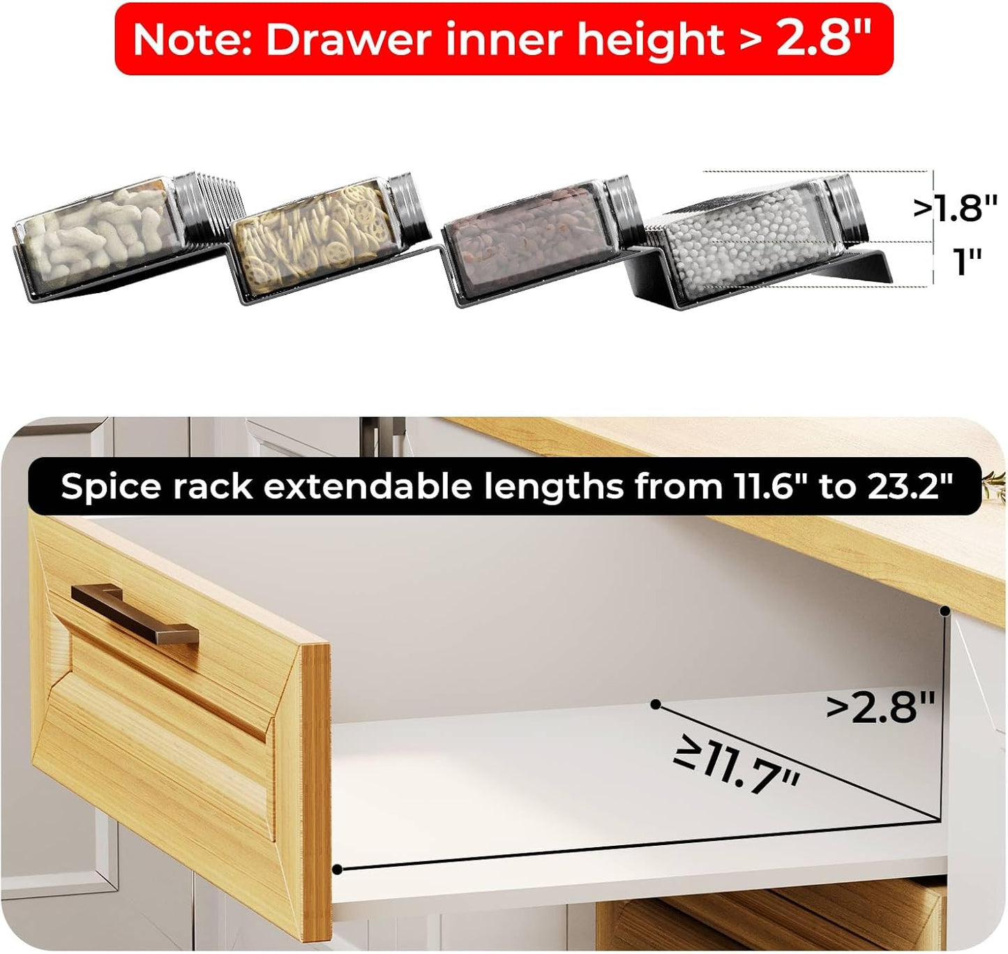 Famhap 6 Pack Spice Drawer Organizer with Labels and 36 Plastic Jars, Expandable from 11.7" to 23.2" Seasoning Rack Tray Insert for Kitchen Drawers, Spice Rack Drawer for Spice Jars