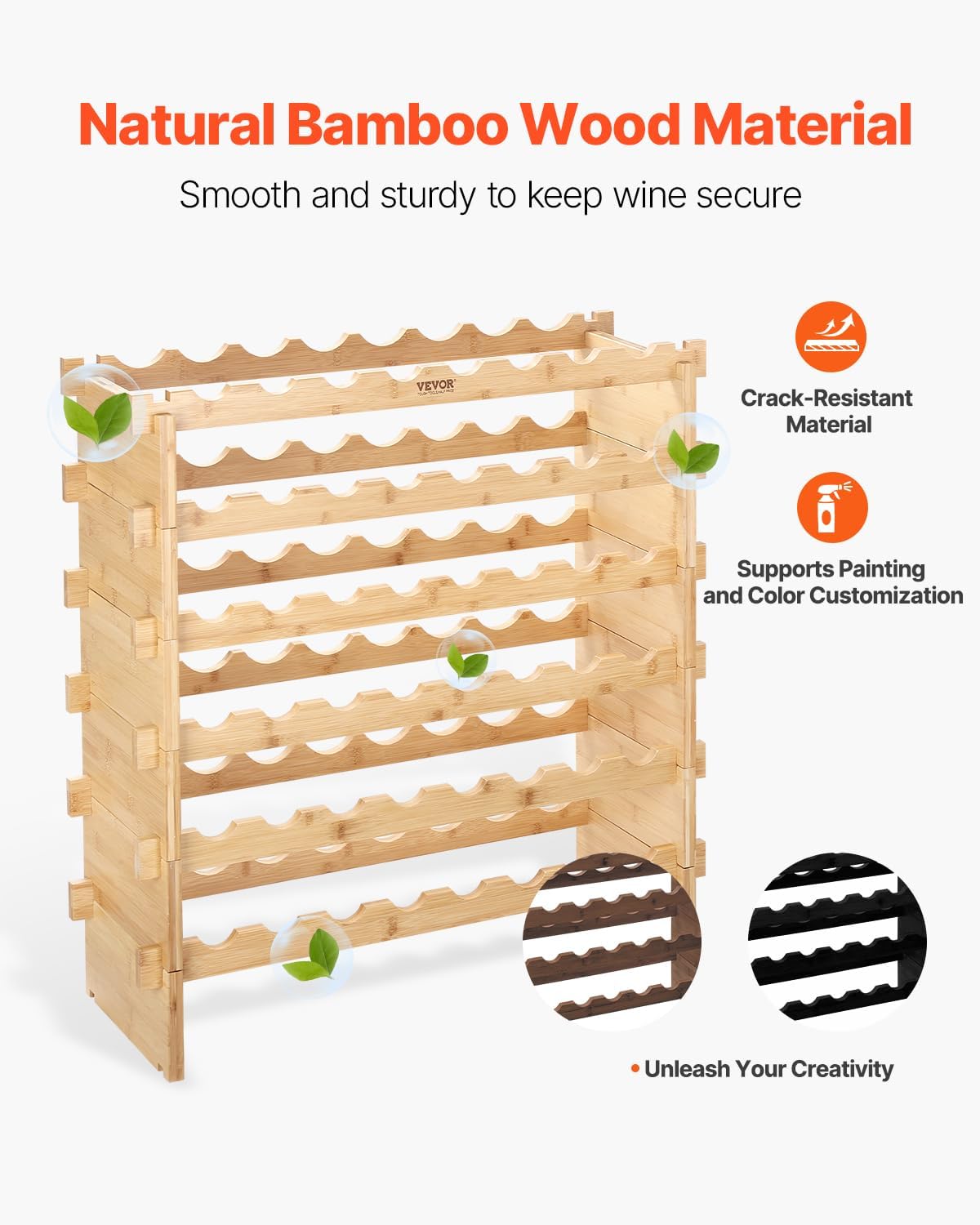 VEVOR Stackable Modular Wine Rack, 6-Tier 48 Bottles, Freestanding Wines Holder Display Shelf, Solid Bamboo Wood Storage Racks, Wobble-Free Shelves for Kitchens, Dining Rooms, Cellars, Natural Color
