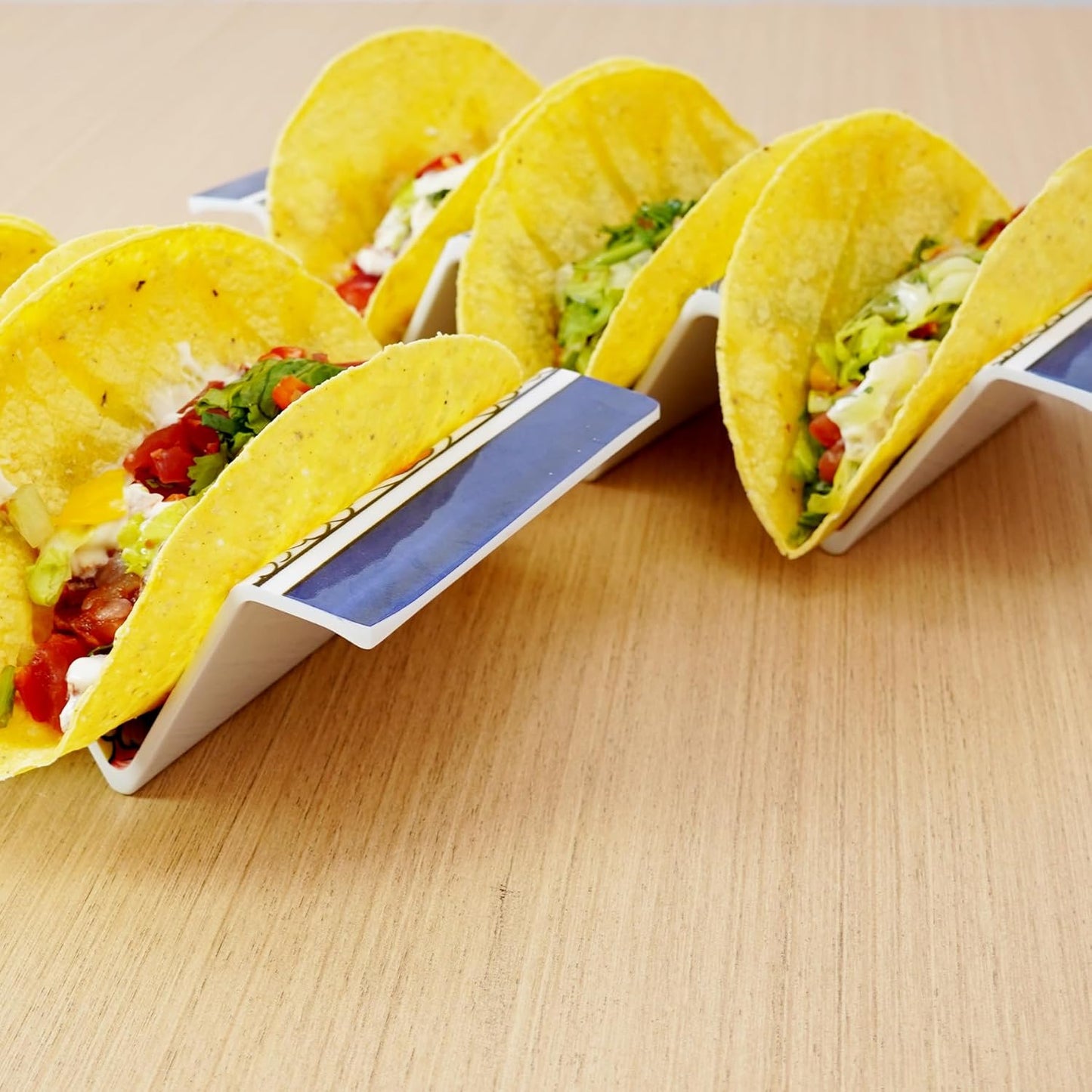 TP Taco Holder Stands, Set of 2 Melamine Large Taco Serving Rack Tray with Handle, Holds 3 Tacos, Dishwasher Safe, Ideal for Taco Night, Party, Home, Fiesta, Talavera Tile