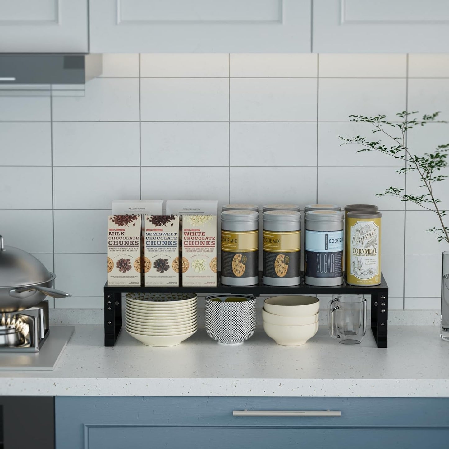 Expandable Spice Rack Kitchen Cabinet Shelf Organizer, Stackable Storage Shelves Racks, Adjustable Counter Shelving for Cabinets, Countertop, Cupboard,Pantry and More(2Packs/Black/Medium)