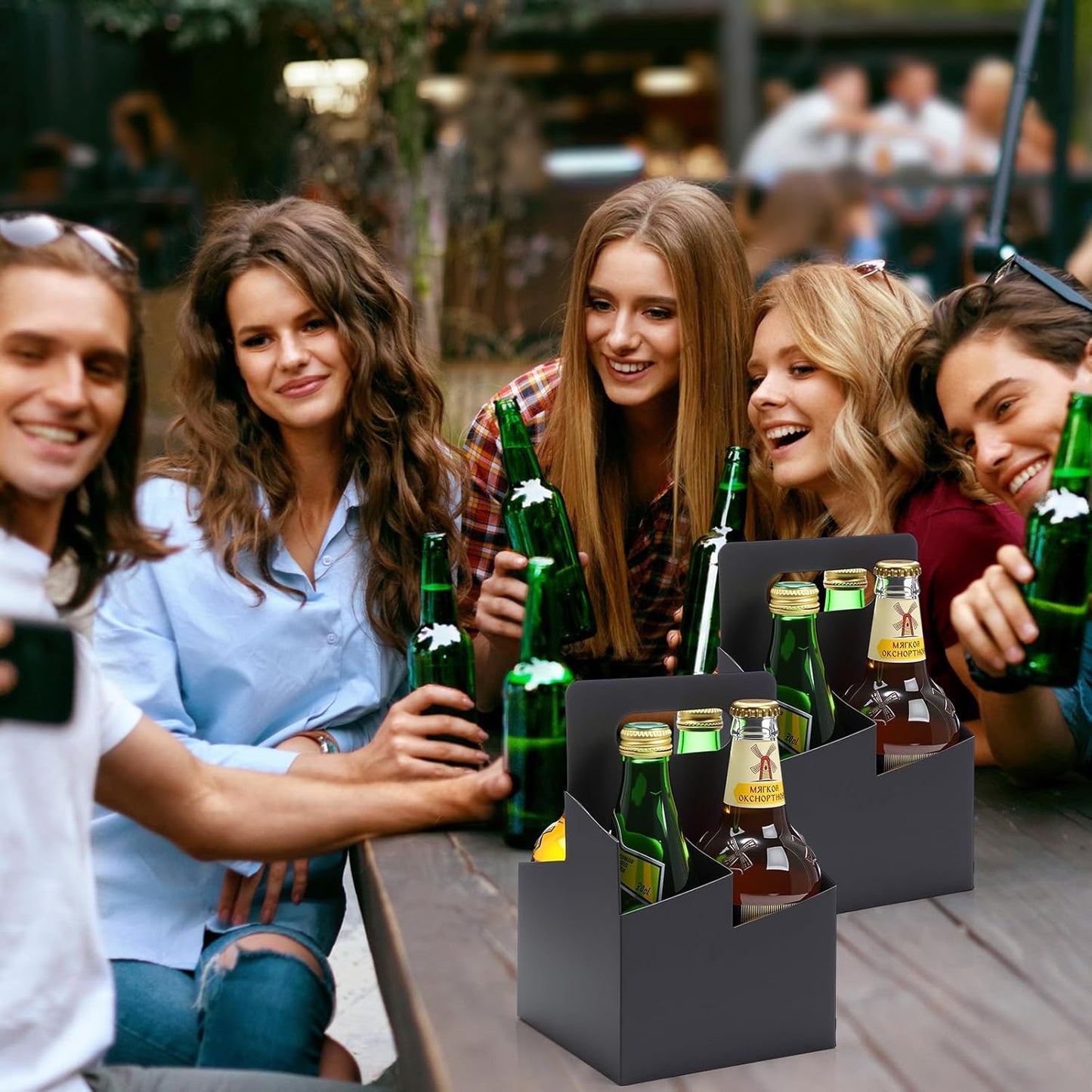 Jetec 4 Cup Drink Carrier with Handle, Kraft Paperboard Beer Carrier, Disposable Drink Holder for Hot or Cold Drinks, 12-16 oz Bottle Holder for Soda and Other Bottled Products(50 Pcs,Black)