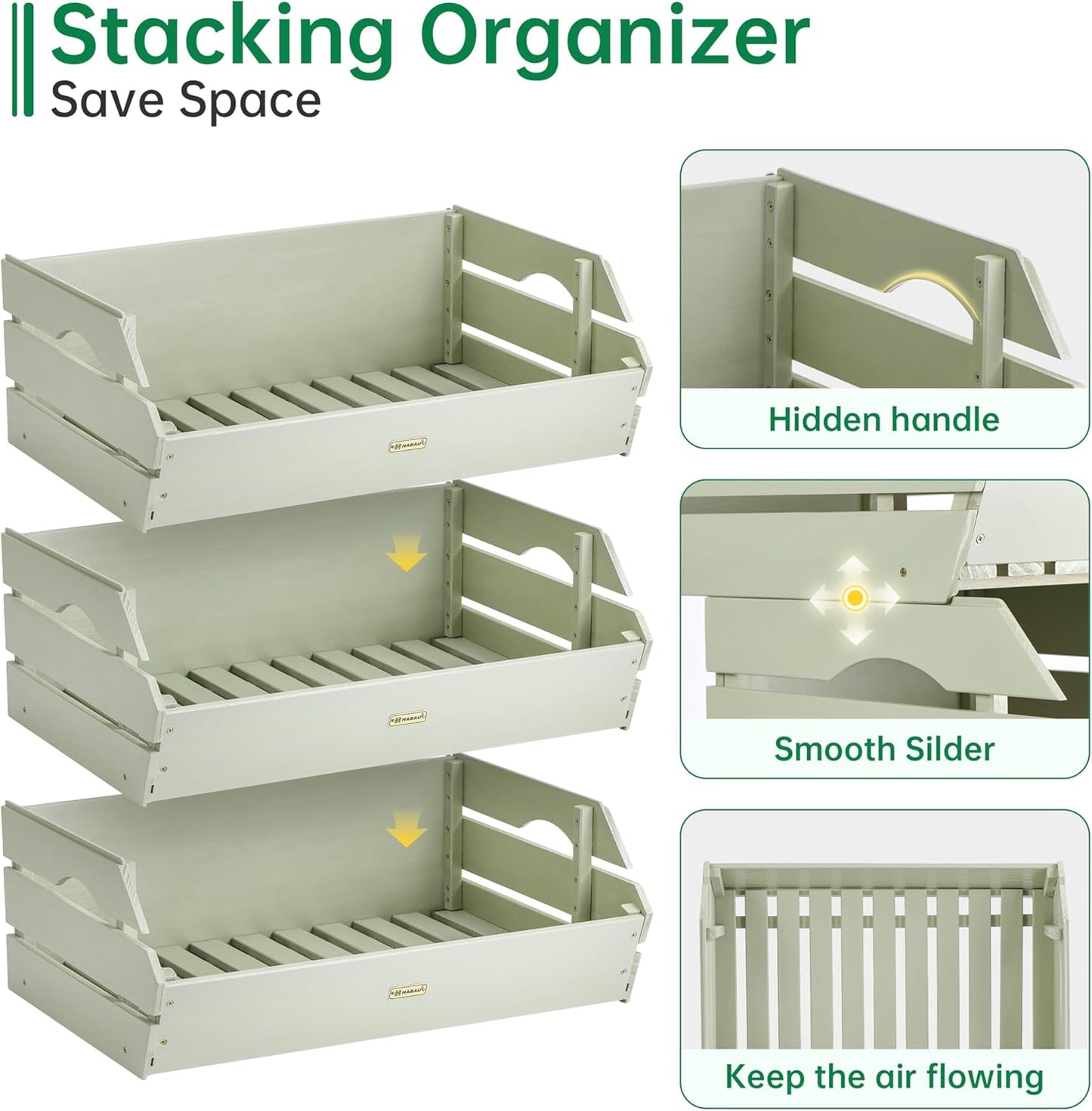 HABAU Wood Potato Onion Storage Bins - Wooden Stackable Produce Basket - Fruit Vegetable Storage for Kitchen Pantry Organization, Set 3 Pieces