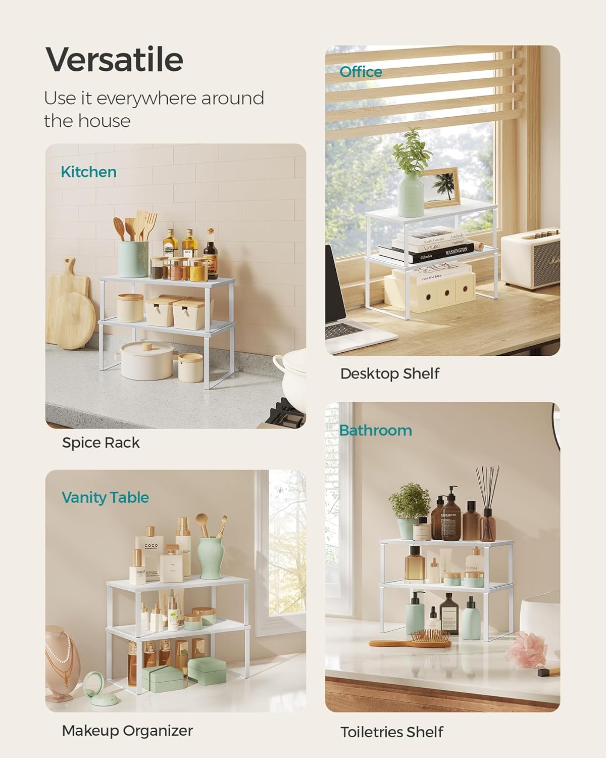 SONGMICS Cabinet Organizer Shelf, Set of 2 Kitchen Counter Shelves, Kitchen Storage, Spice Rack, Stackable, Expandable, Metal and Engineered Wood, Cloud White and Snow White UKCS025W01