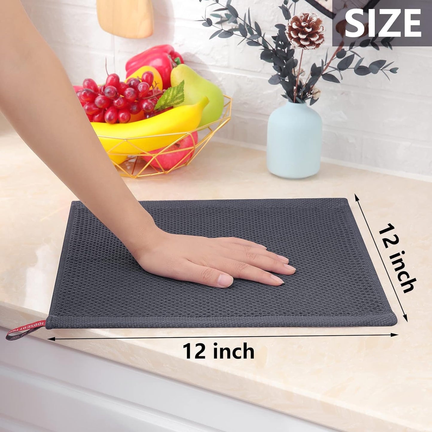 Homaxy 100% Cotton Waffle Weave Kitchen Dish Cloths, Ultra Soft Absorbent Quick Drying Dish Towels, 12 x 12 Inches, 6-Pack, Dark Grey