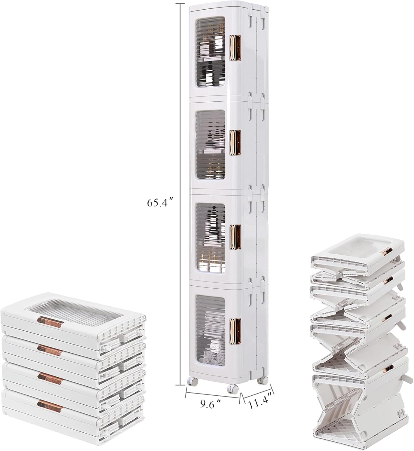 VECELO 4-Tier Plastic Tall Narrow Storage Cabinet with Movable Wheels, Adjustable Shelves, Magnetic Doors, Slim Bathroom Organizers and Storage for Small Space, Bathroom, Kitchen, Laundry, White