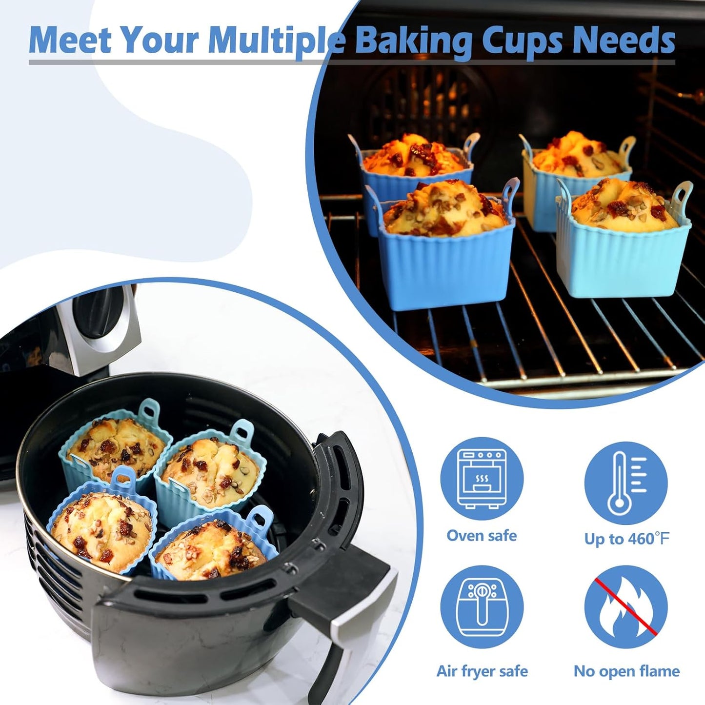 Koluti Nonstick Silicone Muffin Baking Cups Pack of 4, Reusable Cupcake Molds with Double Handle, BPA Free, Small Rectangle Air Fryer Cupcakes Liner, 2 Colors