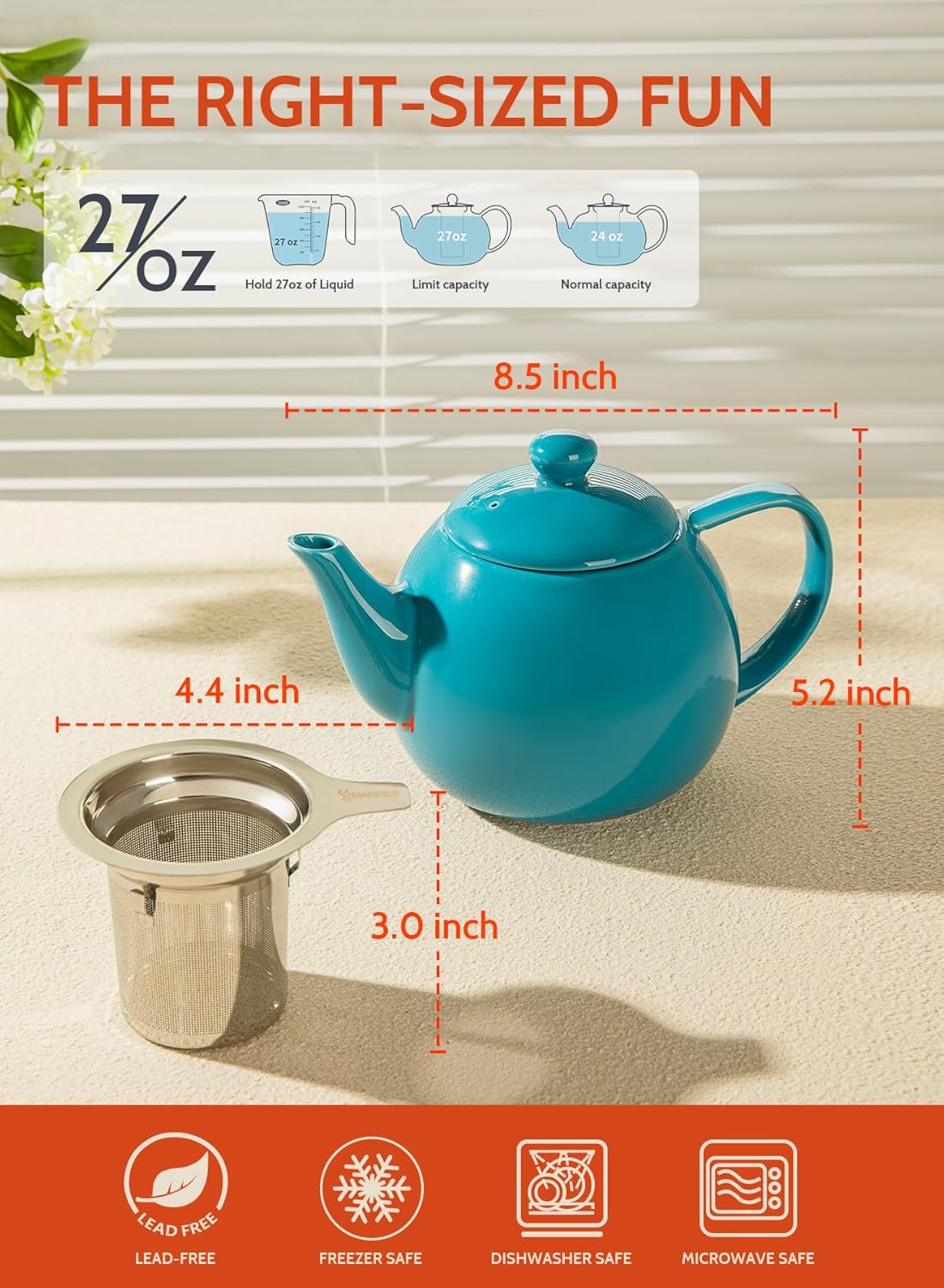 Sweese Teapot, Porcelain Tea Pot with Stainless Steel Infuser, Blooming & Loose Leaf Teapot - 27ounce, Steel Blue