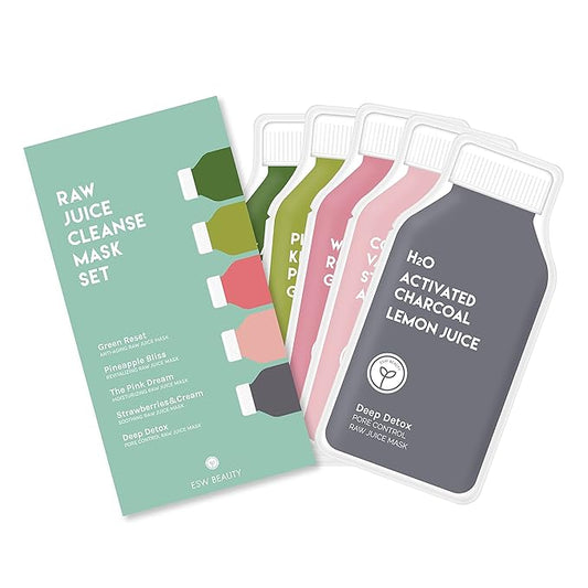 ESW Beauty Raw Juice Face Masks - 10-Pack Variety Set - Hydrating, Anti-Aging, Moisture Repair, Pore Control, Soothing & Revitalizing with Watermelon, Kale & Charcoal