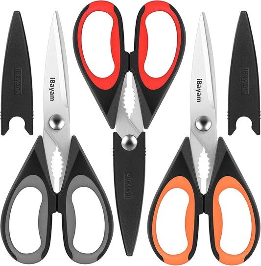 iBayam 3-Pack 8.5"Kitchen Scissors All Purpose Heavy Duty with Protective Sheath, Soft Grip Comfort Handle, Dishwasher Safe Kitchen Utensils Gadgets Set, Stainless Cooking Meat Poultry Food Shears