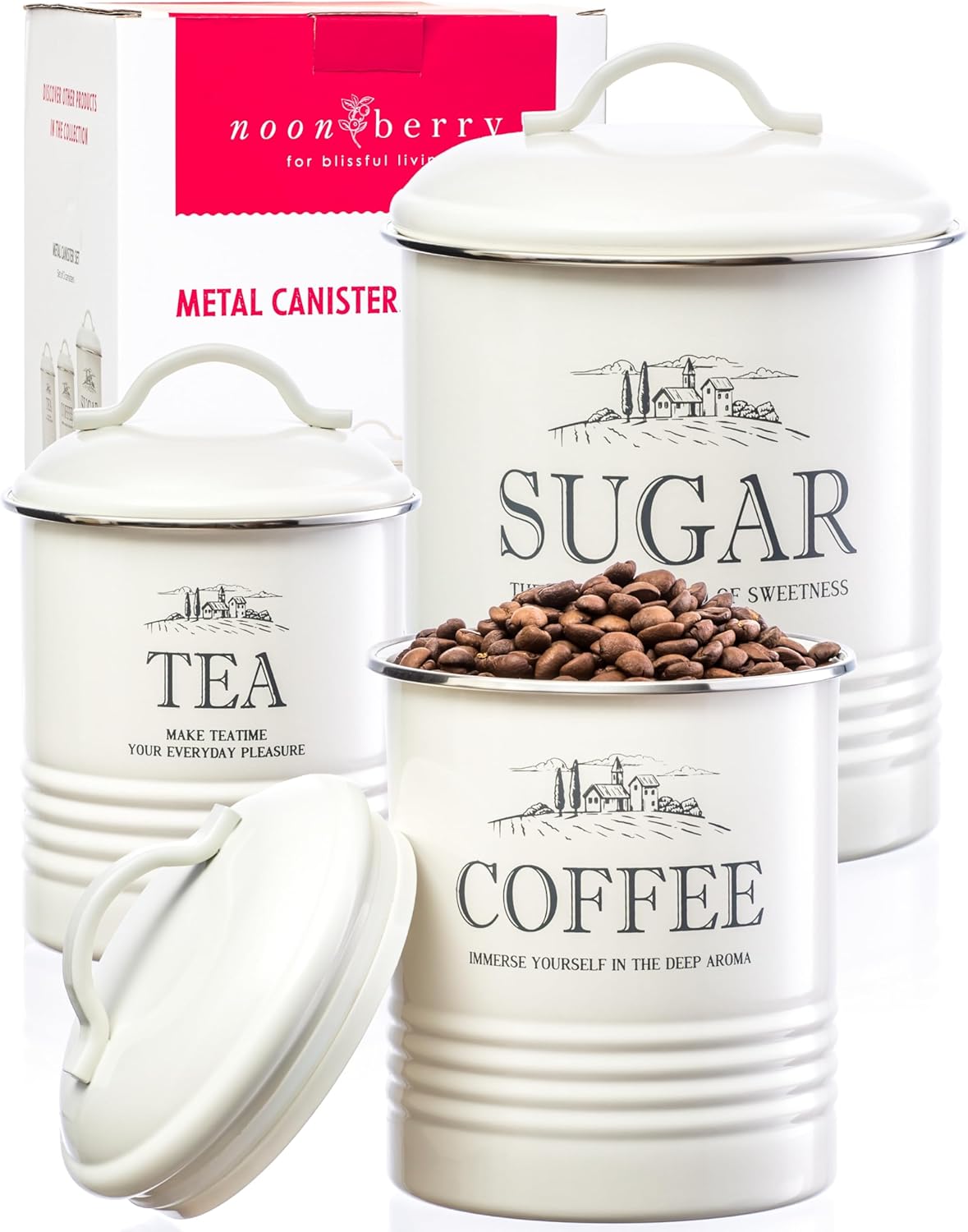 Kitchen Canisters for Countertop - Set of 3 - Airtight Coffee Tea Sugar Container Set - Country Rustic Farmhouse Canisters Sets for the Kitchen