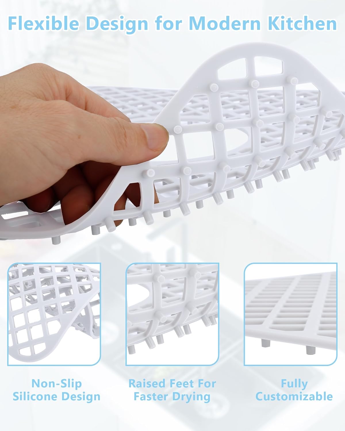 2 Pack Silicone Sink Protector for Kitchen Sink, Lozenge Pattern 13 x 11 inches Sink Grid Mat Silicone Protectors, Center Drain, White