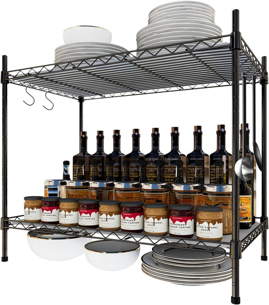 Spice Rack Organizer, Carbon Steel Seasoning Rack 2-Tier Spice Organizer for Cabinet, Adjustable Kitchen Countertop Organizer with Shelf Liner and Hooks for Kitchen Pantry Bathroom Office, Black