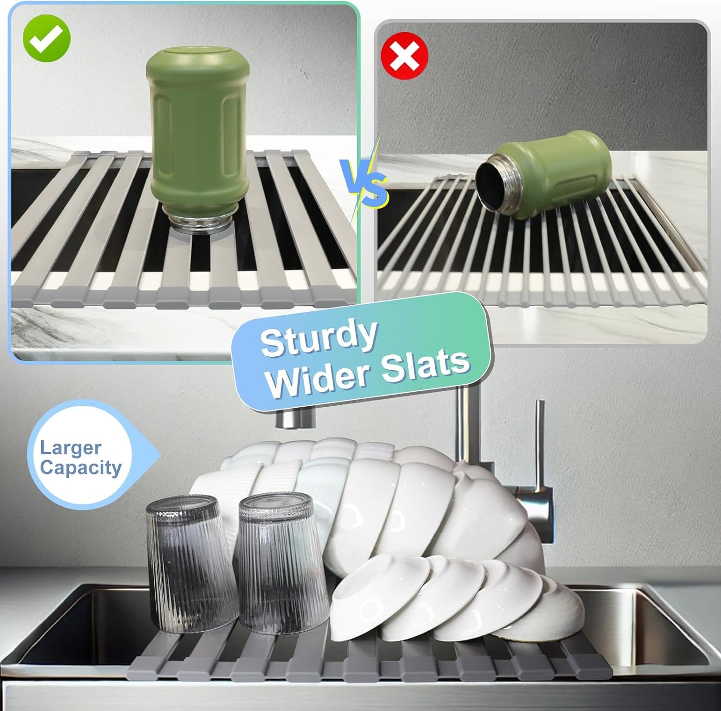 Mamakura Roll Up Dish Drying Rack Over The Sink，Multipurpose Foldable Sink Cutting Boards&Dish Rack for Kitchen,Aluminum Alloy Sink Rack Mat,21.85"x13.31",Grey