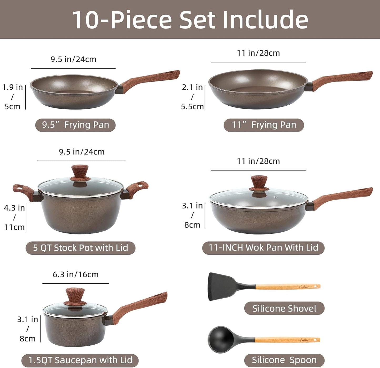 10 Pcs Pots and Pans Set Non Stick, Kitchen Cookware Sets with Frying Pans, Saucepans, Steamer Compatible with All Stoves Restaurant,Black