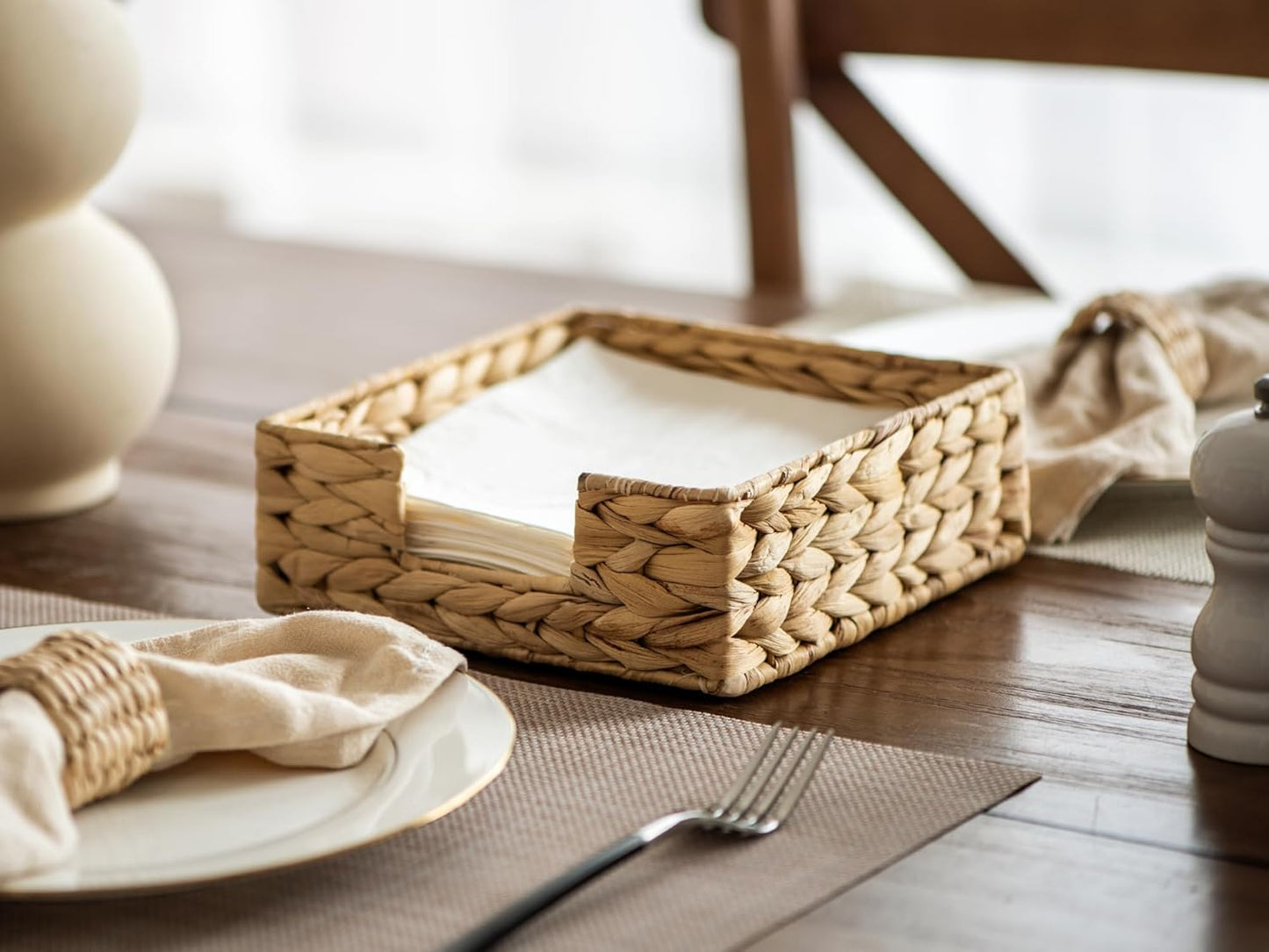 StorageWorks Water Hyacinth Guest Towel Holder for Bathroom, Wicker Napkins Baskets for Dinning Room, Rattan Napkin Holders for Tables, 7 ½"L x 7 ½"W x 2 ¾"H, 1 Pack