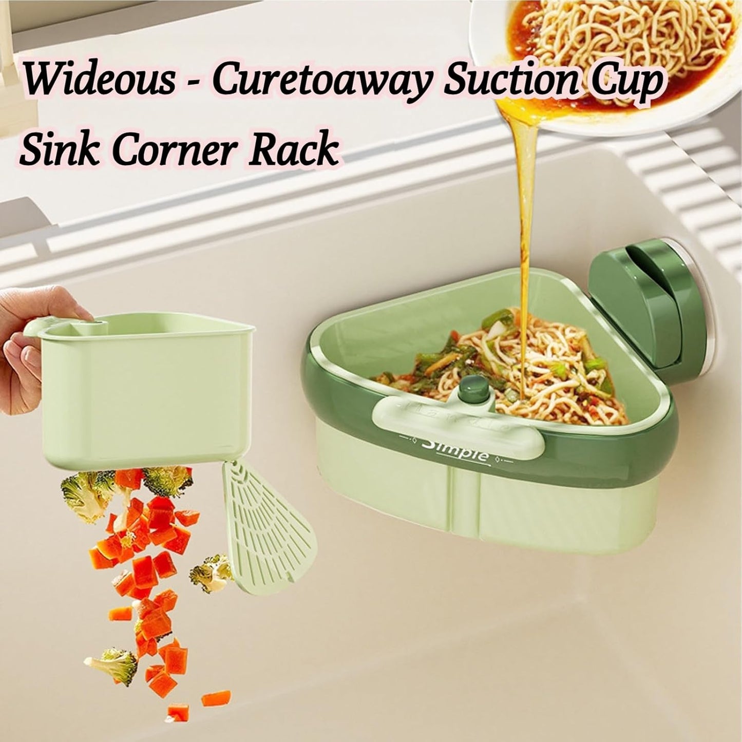 Suction Cup Sink Corner Rack, 2025 Upgraded Automatic Dumping Sink Strainer Basket, Suction Cup Press Sink Drainer Basket, No Drilling Corner Sink Strainer for Food Waste (Green, 1Pc)