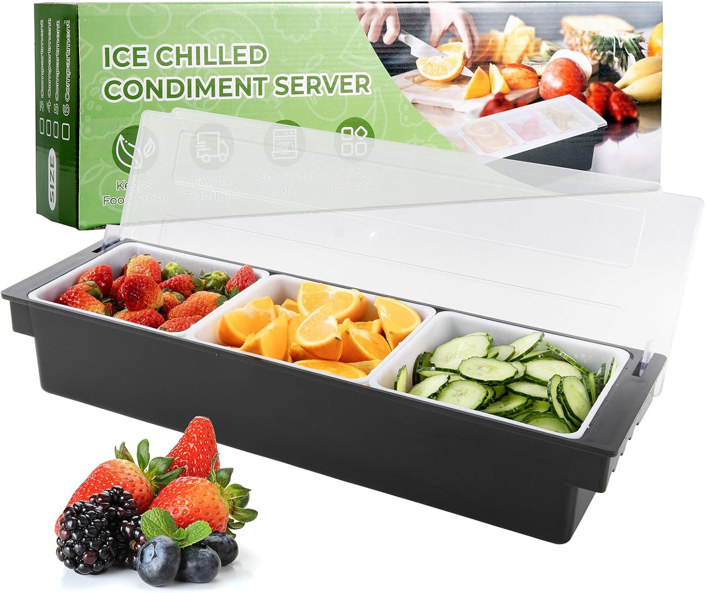 WICHEMI Fruit, Veggie & Condiment Caddy with Lid Dispenser Tray Plastic Garnish Station for Bartending & Serving Taco, Ice Cream, Salad Bar - Topping Organizer for Restaurant Supplies (3 Compartment)