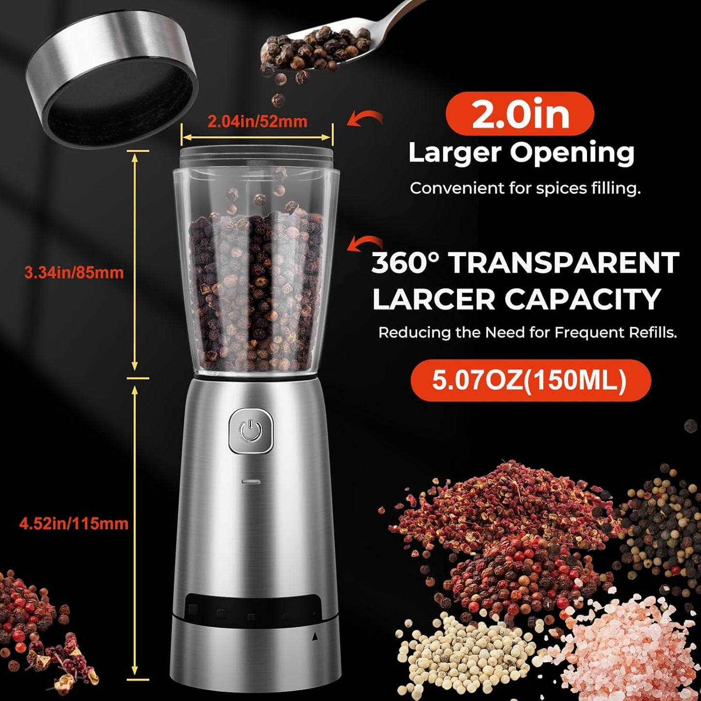 Electric Salt and Pepper Grinder Set, Rechargeable with LED Lights, Stainless Steel Automatic Pepper & Salt Mill with 5 Adjustable Coarseness (Upgraded Larger Capacity 150 ML)