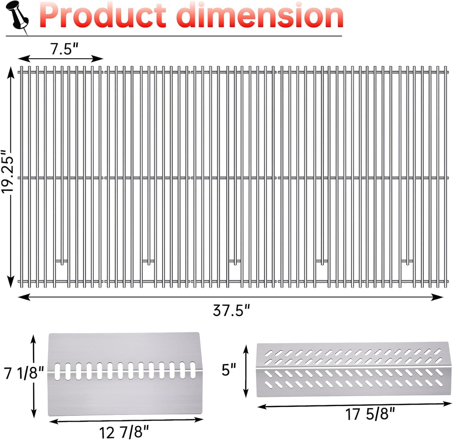 9MM 16517 Grill Grates 16GA Grill Heat Plates for 16631 16520 Bull Grill Replacement Parts, BBQ Bull Brahma 5 Burner 57568, 57569, 57568CE, 57568AGA, 57569CE, 57569AGA, Stainless Steel Grids