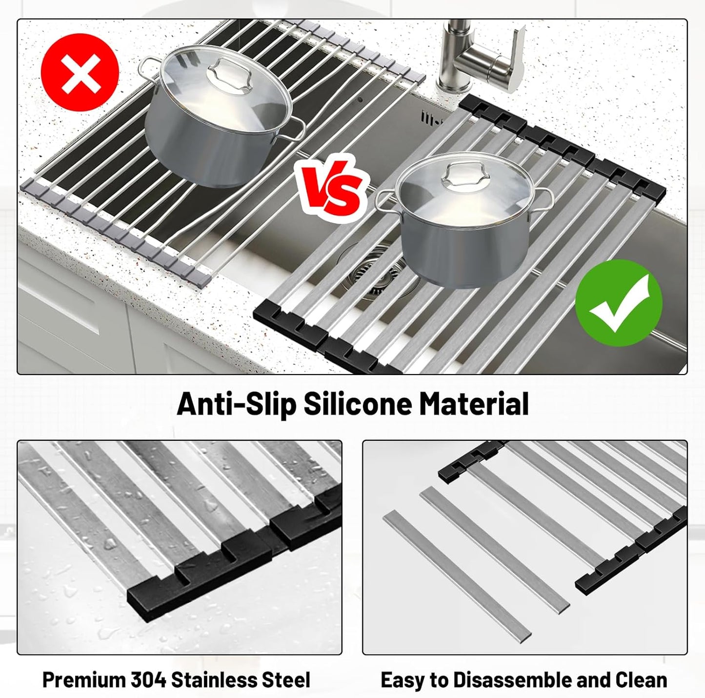 17.5" X 13" Roll Up Dish Drying Rack, 304 Stainless Steel Over Sink Dish Drying Rack, Foldable Heat-Resistant Dishes Drainer for Kitchen and RV Sink Counter, Black