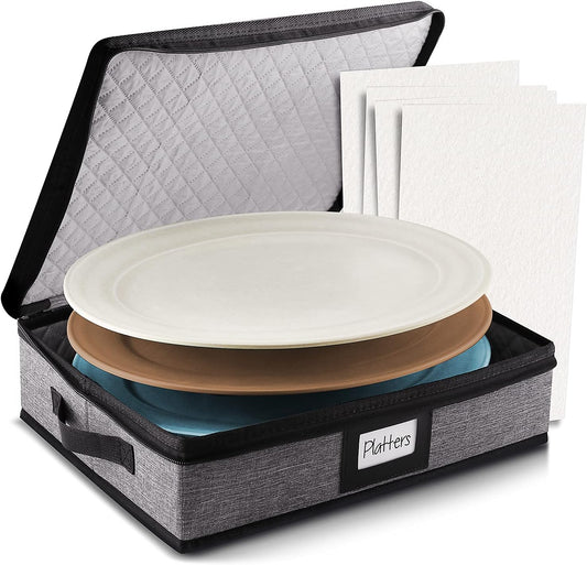 Platter Storage Case, Fine China Storage Containers Hard Shell, Quilted and Stackable 16”x 12.5”x 3.5” Platter Storage Container with Zipper, Handles and Felt Dividers for Moving and Seasonal Storage