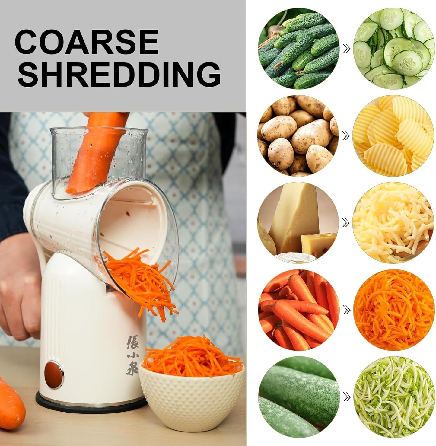 ZHANG XIAO QUAN SINCE 1628 5-in-1 Interchangeable Blades Rotary Cheese Grater Hand Crank, Cheese Shredder Mandoline Vegetable Julienne Slicer Cutter Nut Chopper with Anti-Slip Base, Blade Storage