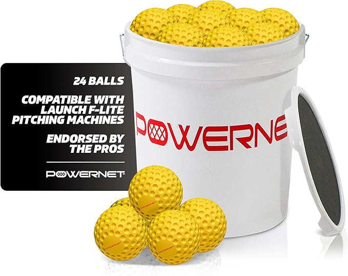 PowerNet Launch F-lite Softball & Baseball Pitching Machine, Dimpled Practice Balls, Bucket of Baseballs, Coaching Bucket Bundle for Pitching Machine, Baseball Training Equipment