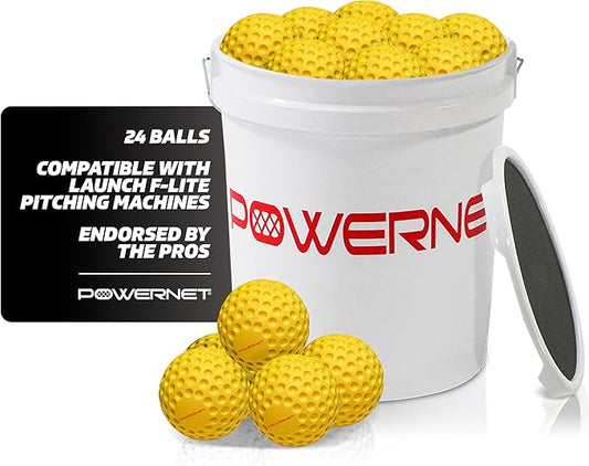 PowerNet Launch F-lite Softball & Baseball Pitching Machine, Dimpled Practice Balls, Bucket of Baseballs, Coaching Bucket Bundle for Pitching Machine, Baseball Training Equipment
