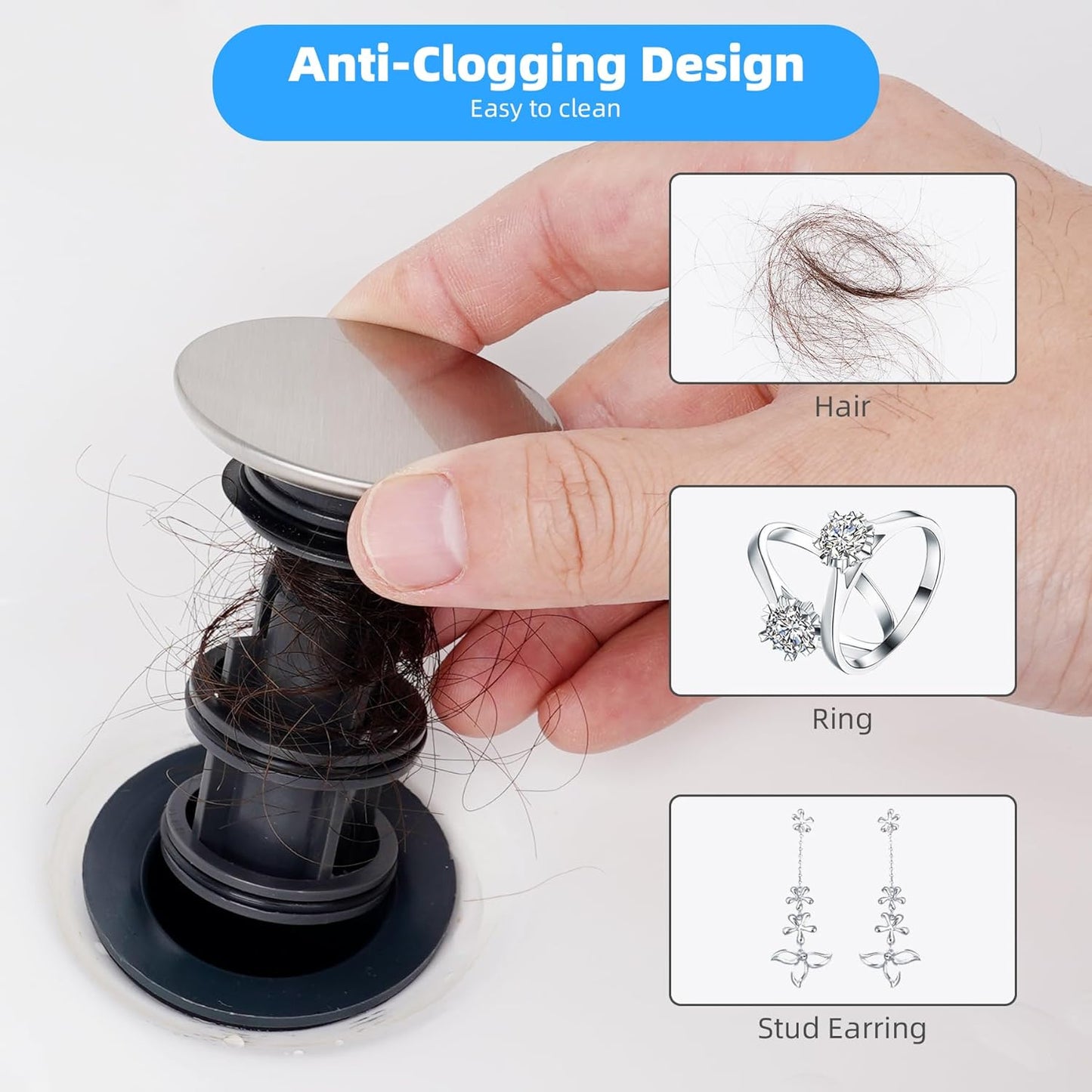 Hibbent 2 Pack Universal Bathroom Sink Drain Stopper, Pop Up Drain Strainer with Overflow, Push and Seal Sink Plug with Basket for Lavatory Vanity Vessel, Anti-Clogging Strainer, Brushed Nickel