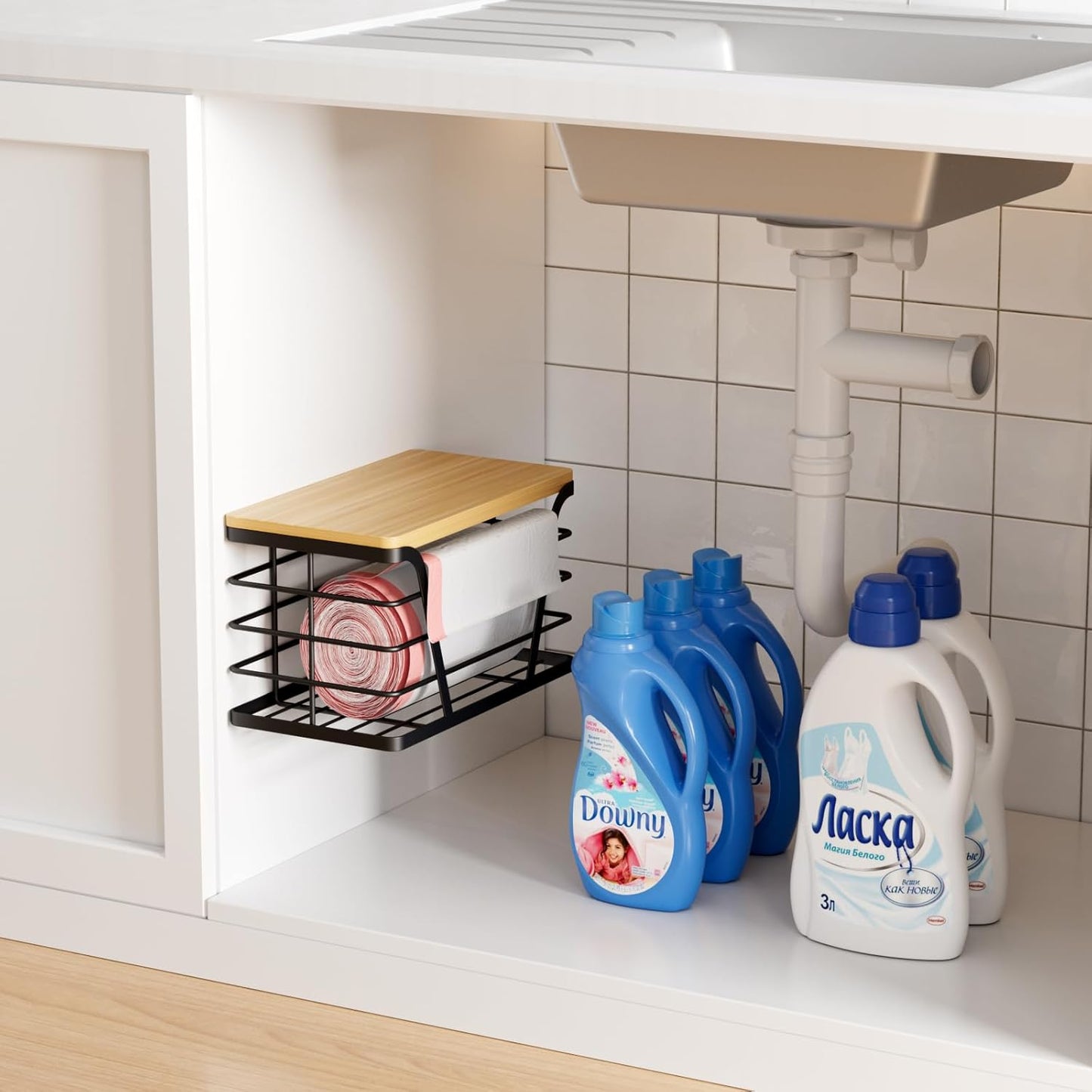 Small Grocery Bag Holder, Trash bag holder with Removable Bamboo Top, Wall Mount, No Drill, Stainless Steel, Black