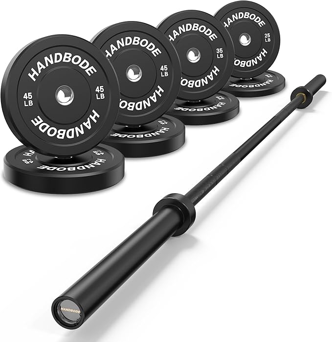 Olympic Bumper Plates Set 2 Inch, 10-55 lbs Rubber Weight Plates with 45 lb (20kg) Black/Silver Barbell, Strength Training & Weight Lifting for Home Gym