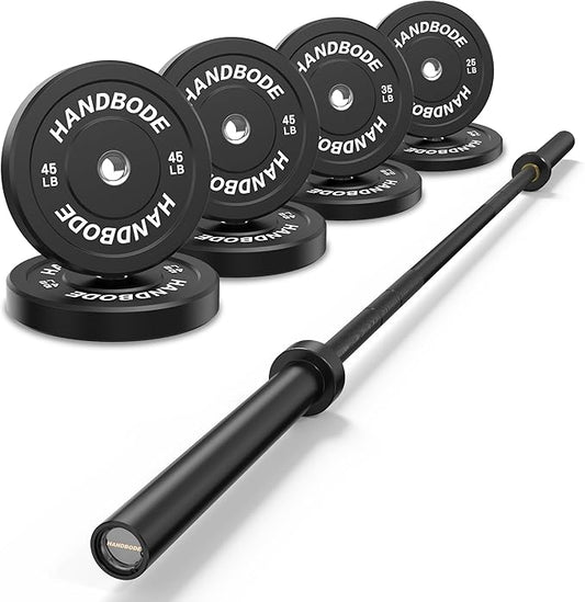 Olympic Bumper Plates Set 2 Inch, 10-55 lbs Rubber Weight Plates with 45 lb (20kg) Black/Silver Barbell, Strength Training & Weight Lifting for Home Gym