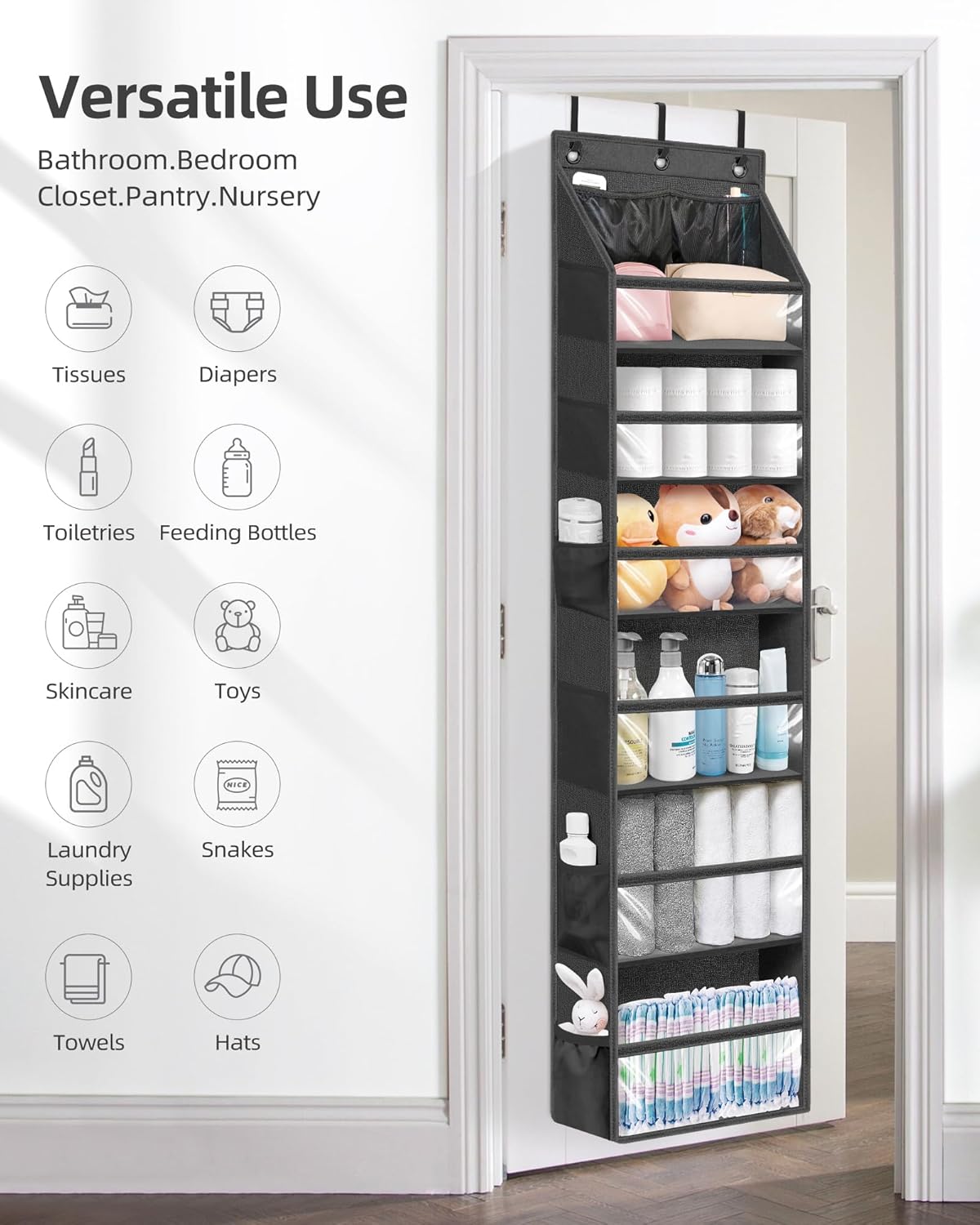 STORAGE MANIAC Over the Door Organizer Large Capacity Hanging Organizer, Clear Deep Pockets Behind Door Closet Organizer and Storage for Nursery, Bathroom, Bedroom, Pantry, 1 Pack Black