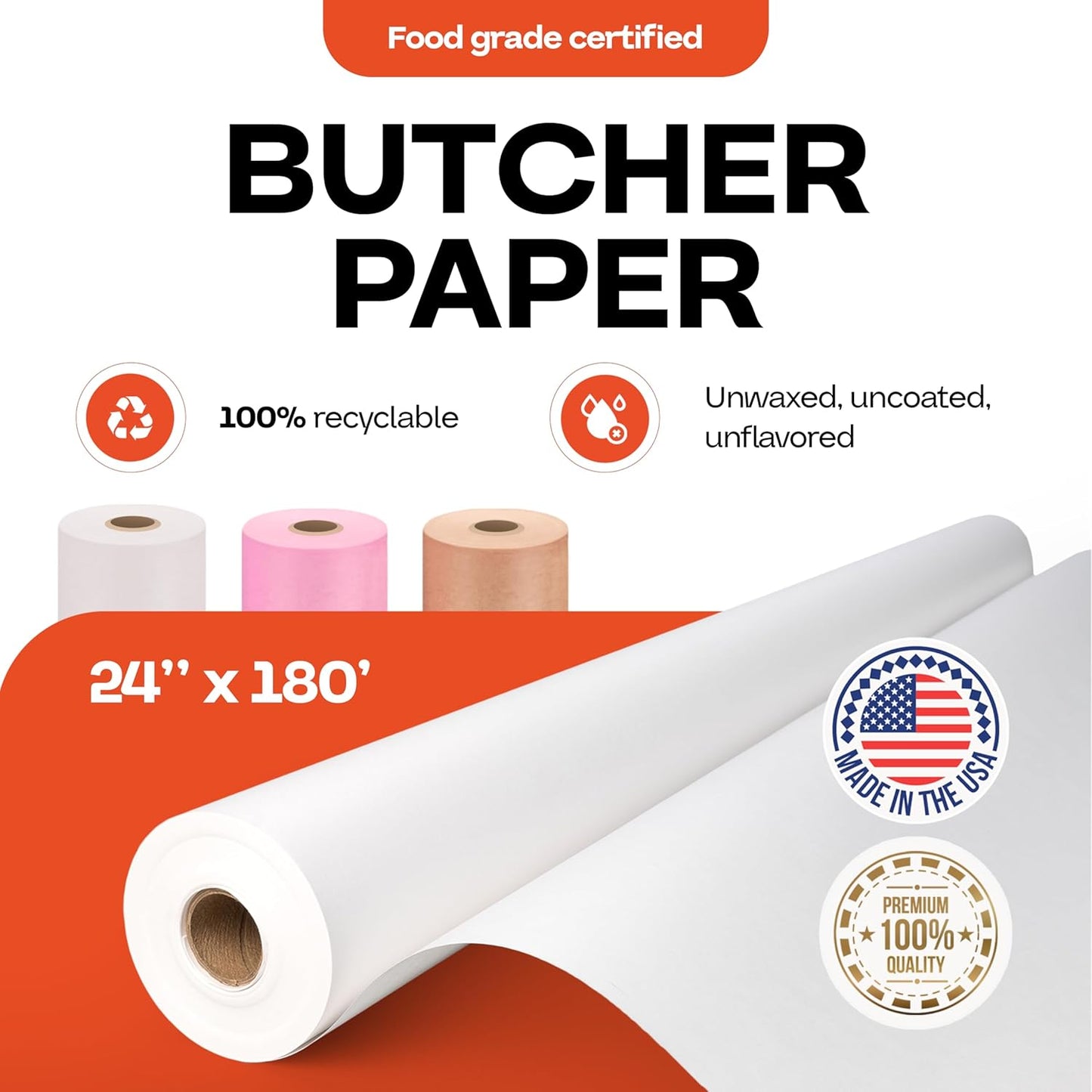 White Butcher Paper 24" x 2160" (180 feet) - USA-Made Natural Butcher Paper Roll for Meat and Fish - Uncoated, Unwaxed & Food-Grade Butcher Material for Smoker, Grilling & BBQ by IDL Packaging