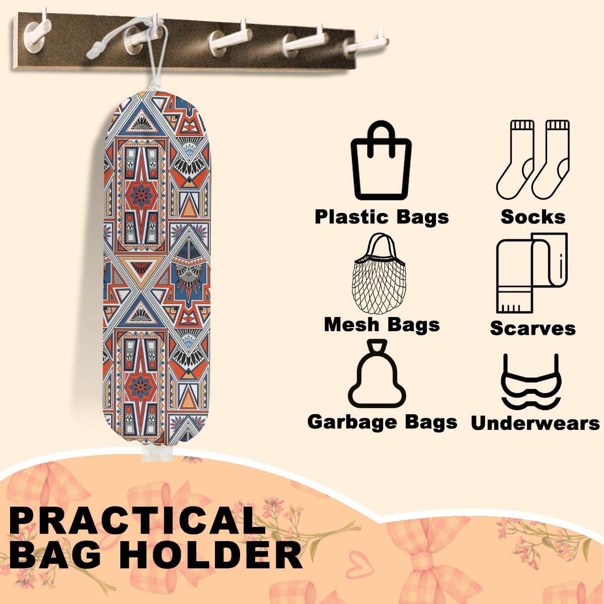 Vintage Ethnic Print Plastic Bag Holder, Wall Mount Grocery Bag Holder for Plastic Bags, Abstract Art Farmhouse Kitchen Pantry Decor Reusable Grocery Bags Organizer Storage Dispenser